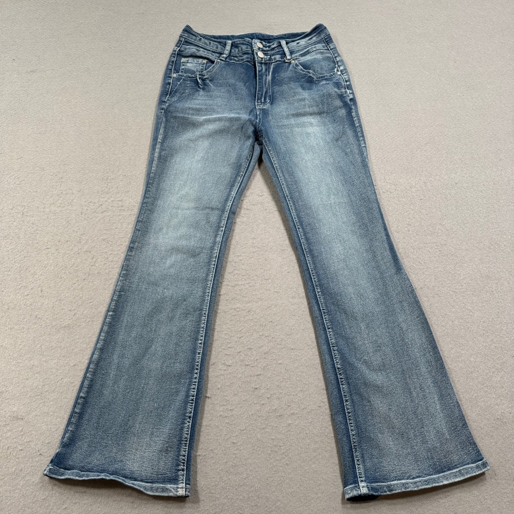 Y2K Flare Jeans Women's Large Blue Denim Slim Fit High Rise Stretch Whiskered